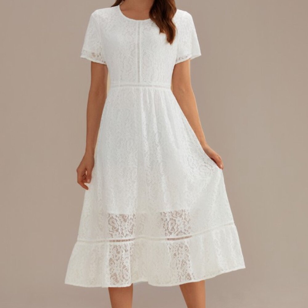White Lace Short Sleeve Round Neck Midi Dress